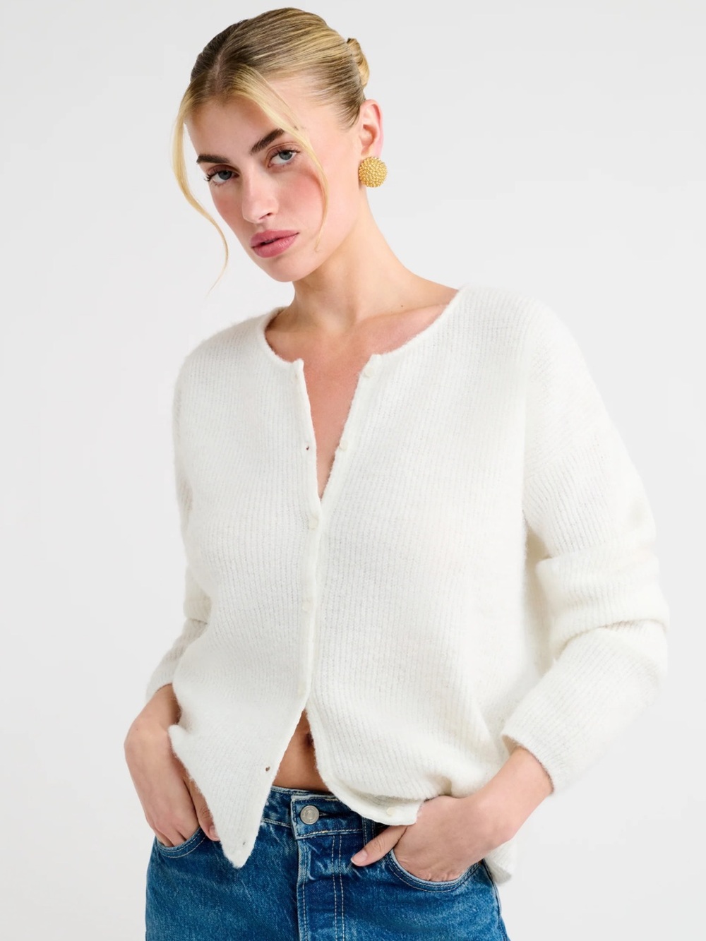 Rumored Ivory Open-Front Knit Cardigan